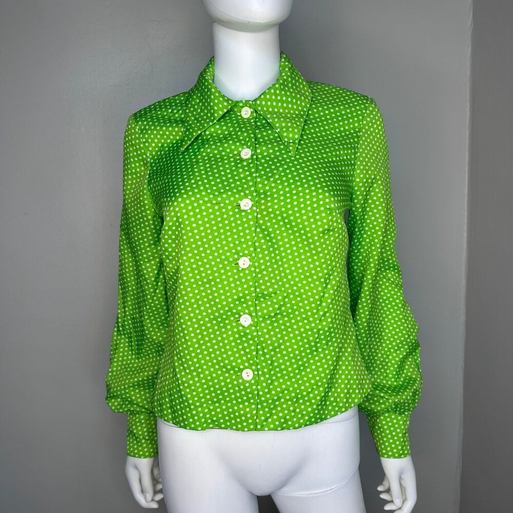 Vintage 1970s Green and White Polka Dot Blouse, Melissa Lane Size Medium